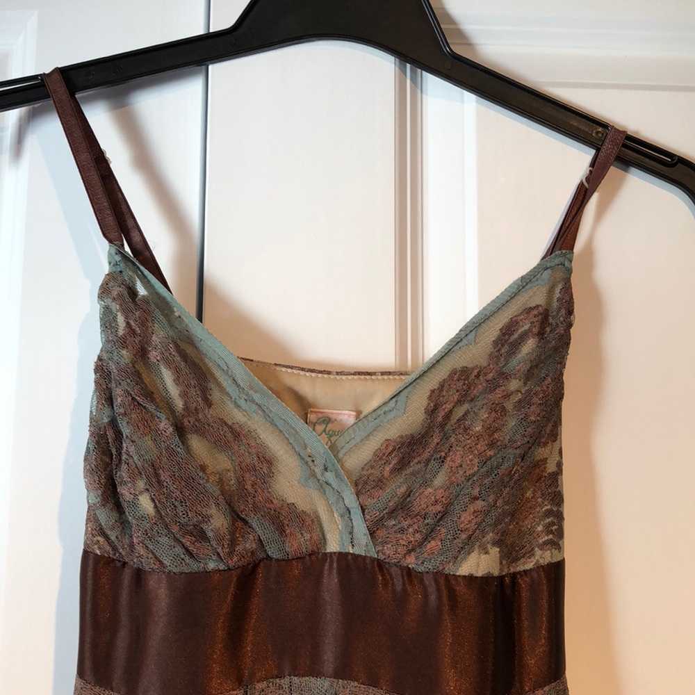 Aqua Lace Overlay Dress Shades of Chocolate & Pale Green/Blue Size Small Worn 1x - Picture 2 of 11